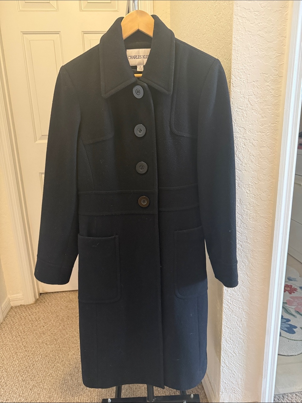 Charles Klein Women's Black Single-Breasted Wool Trench Coat